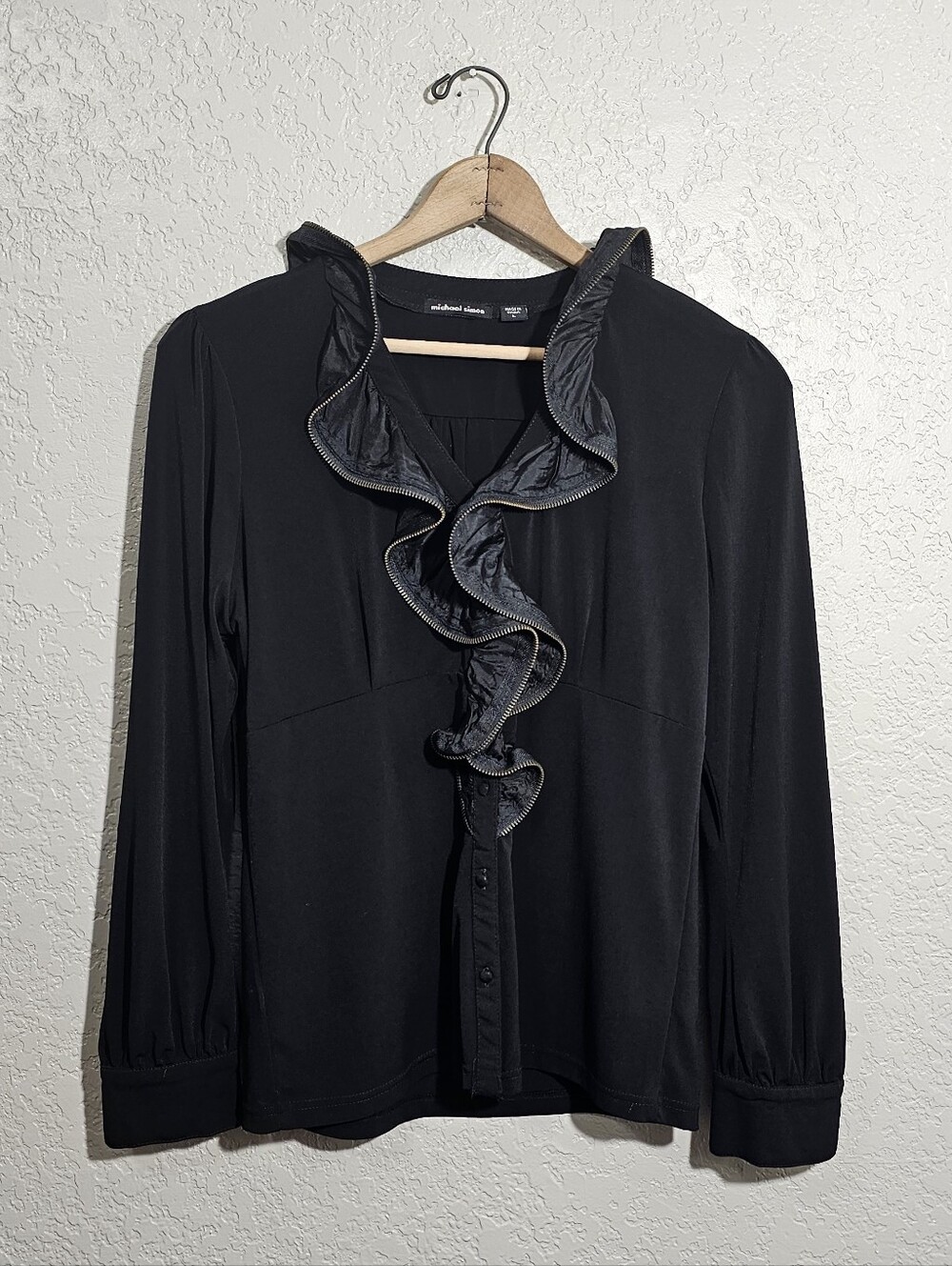 Michael Simon Zipper Accented Ruffle Collar Button Down Blouse